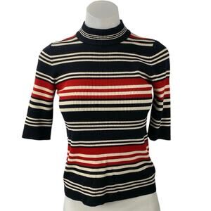 Nicholas Multicolor Wool Striped Rib Knit Mock Neck Short Sleeve Sweater Top M